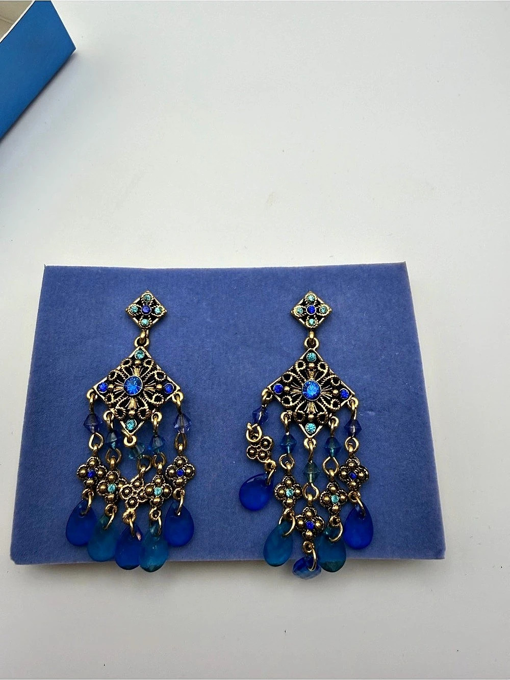 Avon Blue & Gold Chandelier Earrings
